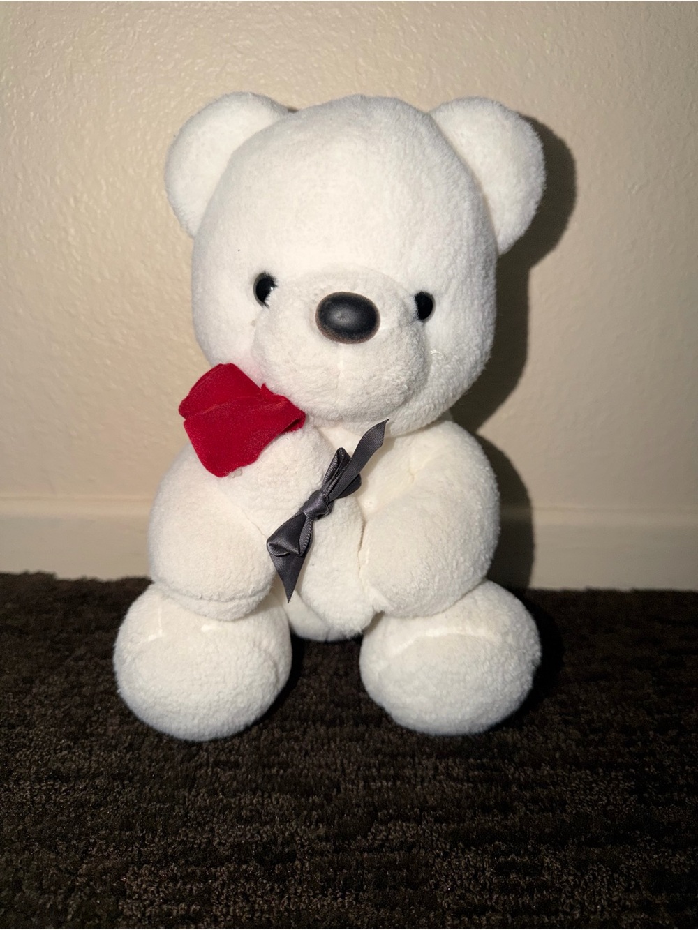 White Plush Teddy Bear with Red Rose and Gray Bow